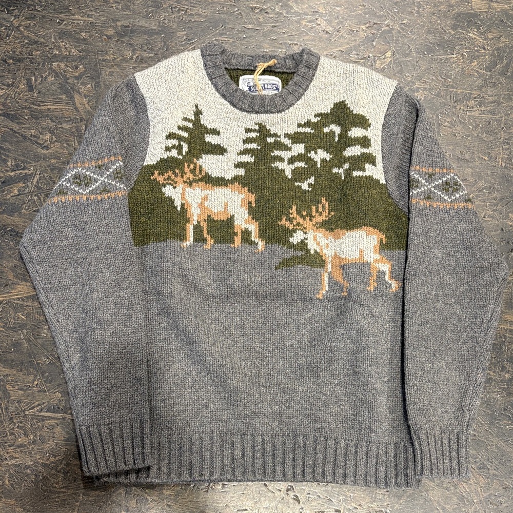 Heritage Schott Moose Crewneck Sweater - Gray with Olive and Tan Motif